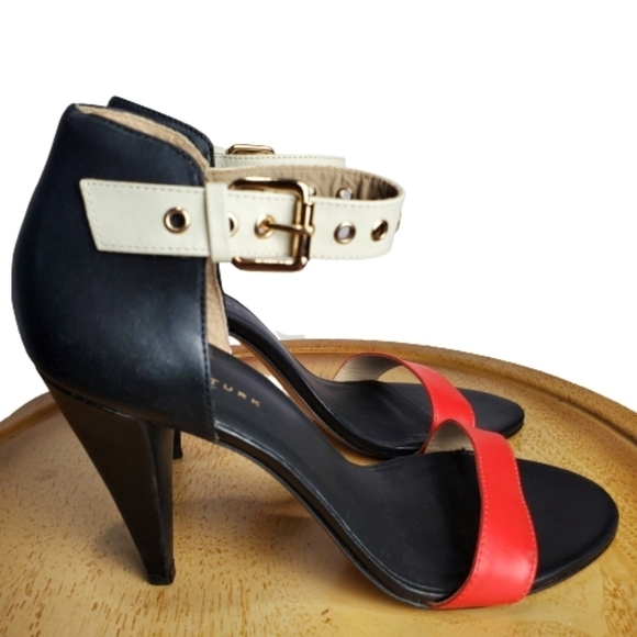 Trina Turk Leather Colorblock Red Black Open Toe Buckle Cone Heels Size 9.5 - Picture 1 of 11